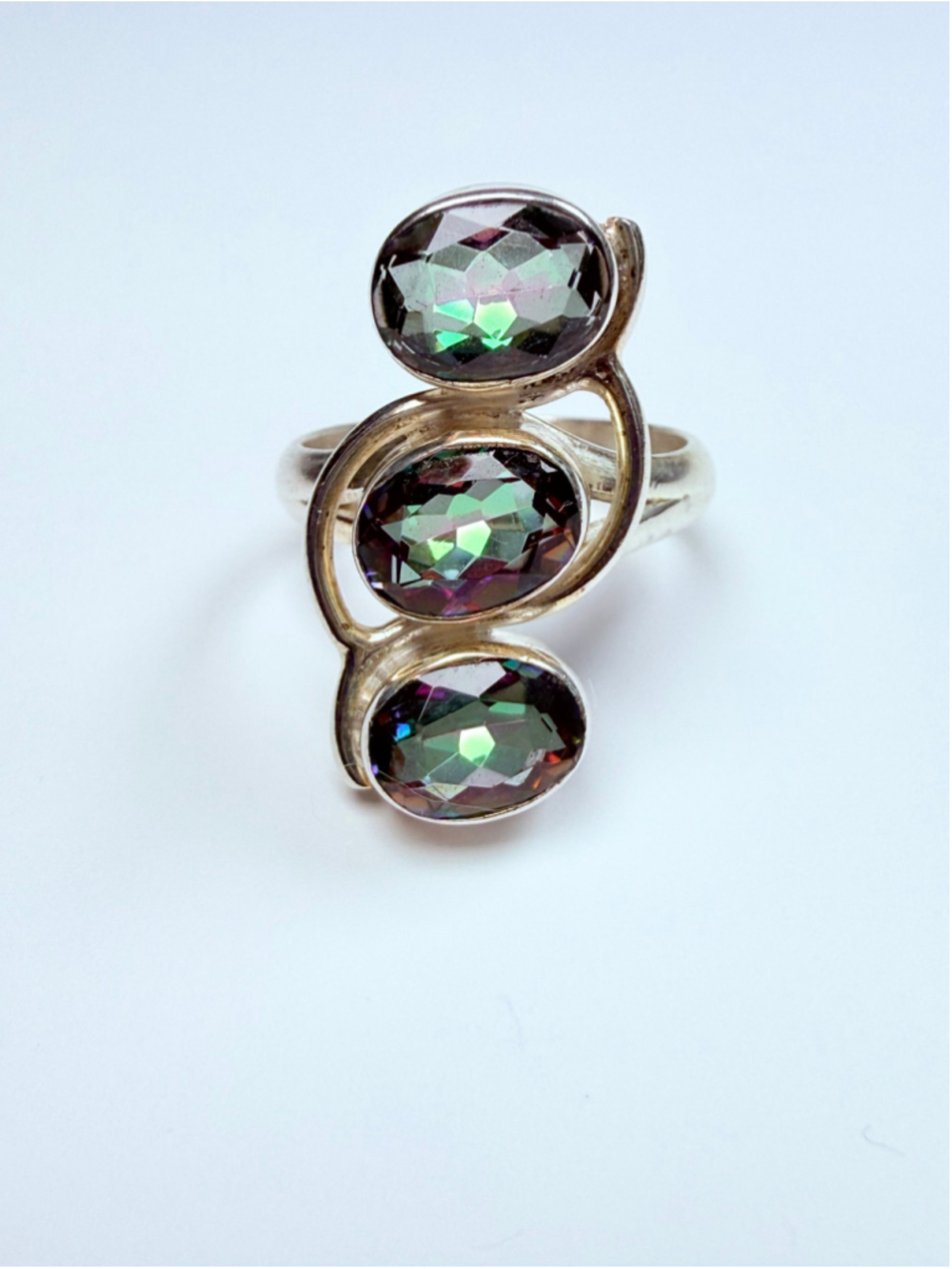 Modern Natural 3 CT Mystic Topaz Trilogy Vertical Set 925 Sterling Silver Ring